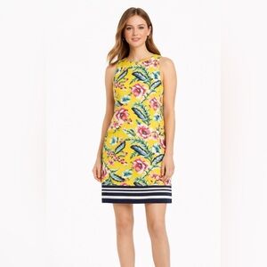 Eliza J Yellow Floral Shift Dress with Navy Stripe Hem